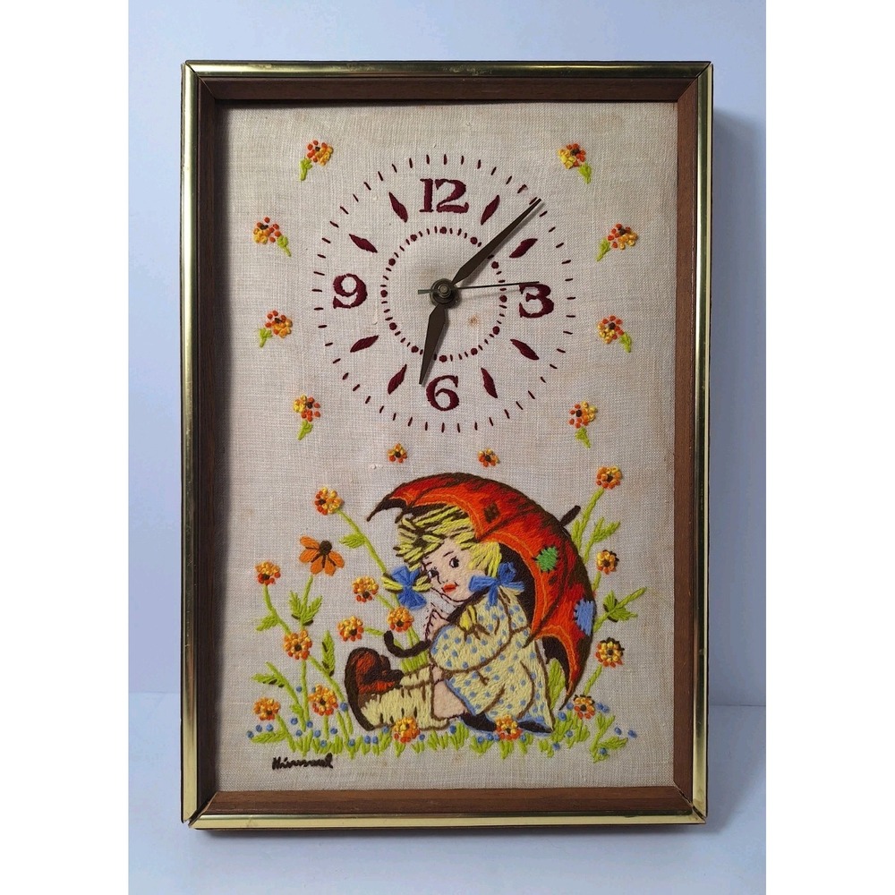 Hummel Umbrella Girl Crewel Embroidery Wall Clock 1975 National Paragon Vintage